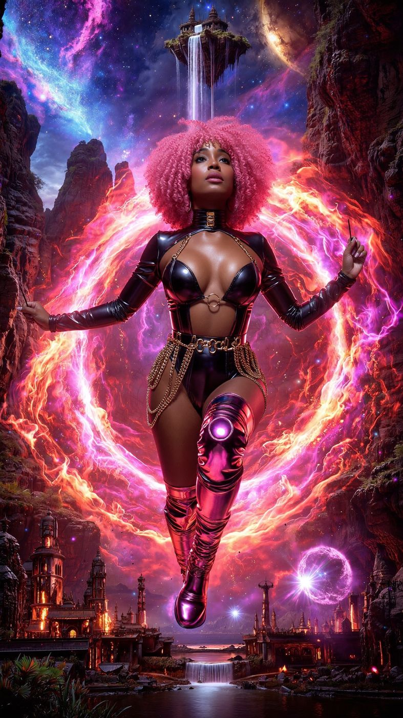 Luxy Heart rising through a portal of fire and light